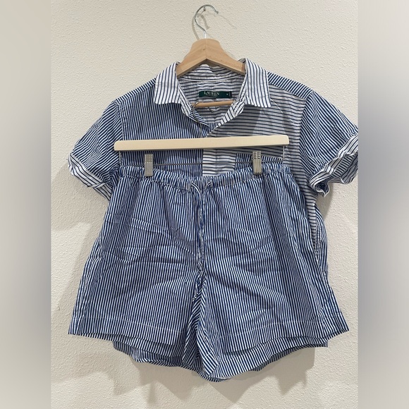 Ralph Lauren Blue and White Pinstriped Pajama Short Set 100% Organic Cotton - Picture 12 of 14